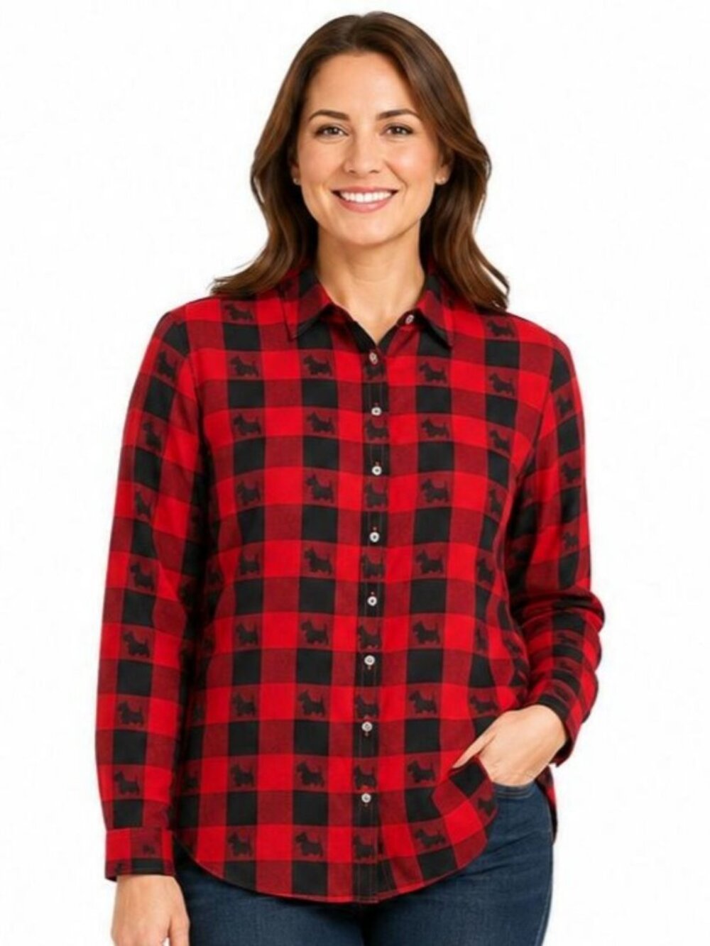Talbots Womens Shirt Red Buffalo Check Scottie Dog Roll Tab Sleeve Petite Lp
